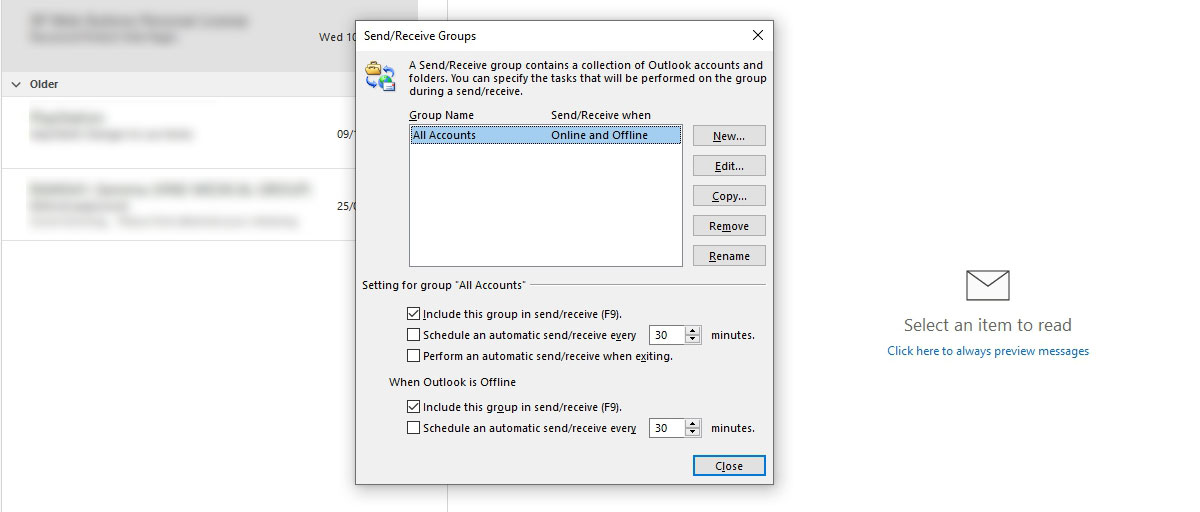 Outlook - changing the connection settings step 1