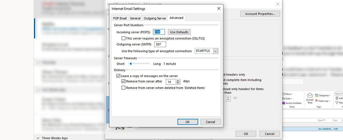 Outlook - changing the connection settings advanced tab